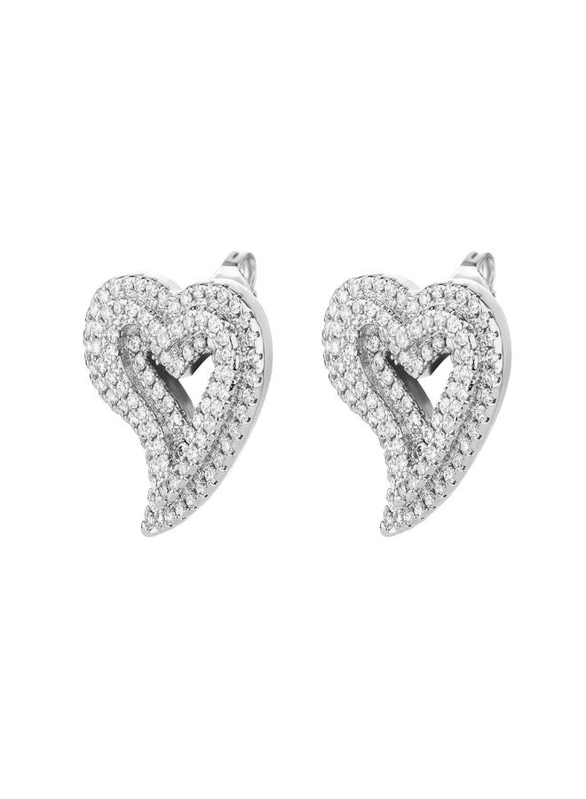 Jacruces Silver Heart Earrings Stud Earrings for Women White Gold Plated Trendy Cubic Zirconia Bling Jewelry Valentines Day Earrings Mothers Day Gifts Hip Hop Jewelry - Image 1